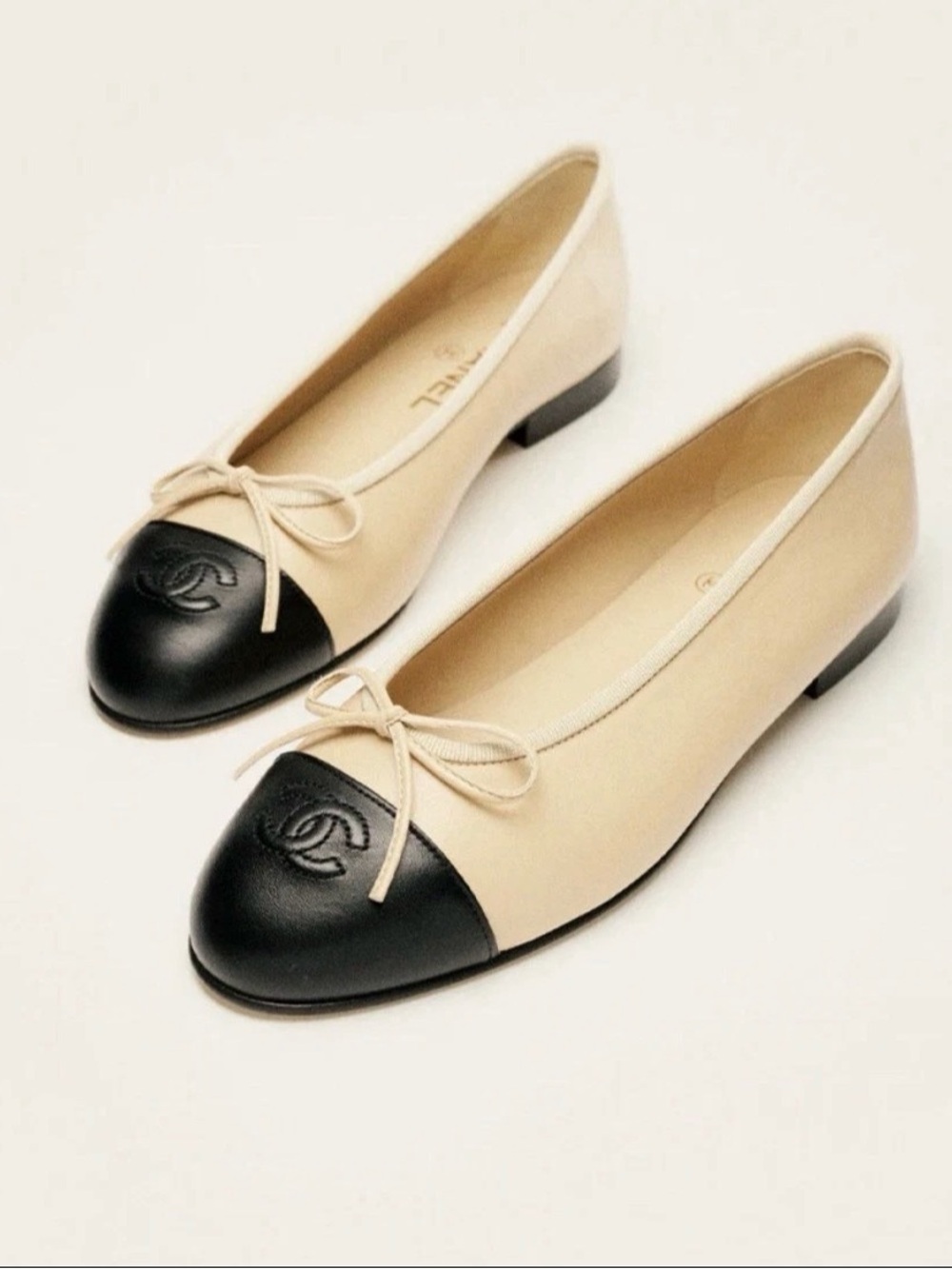 CHANEL Two-Tone Black Cap Toe and Beige Leather Ballet Flats